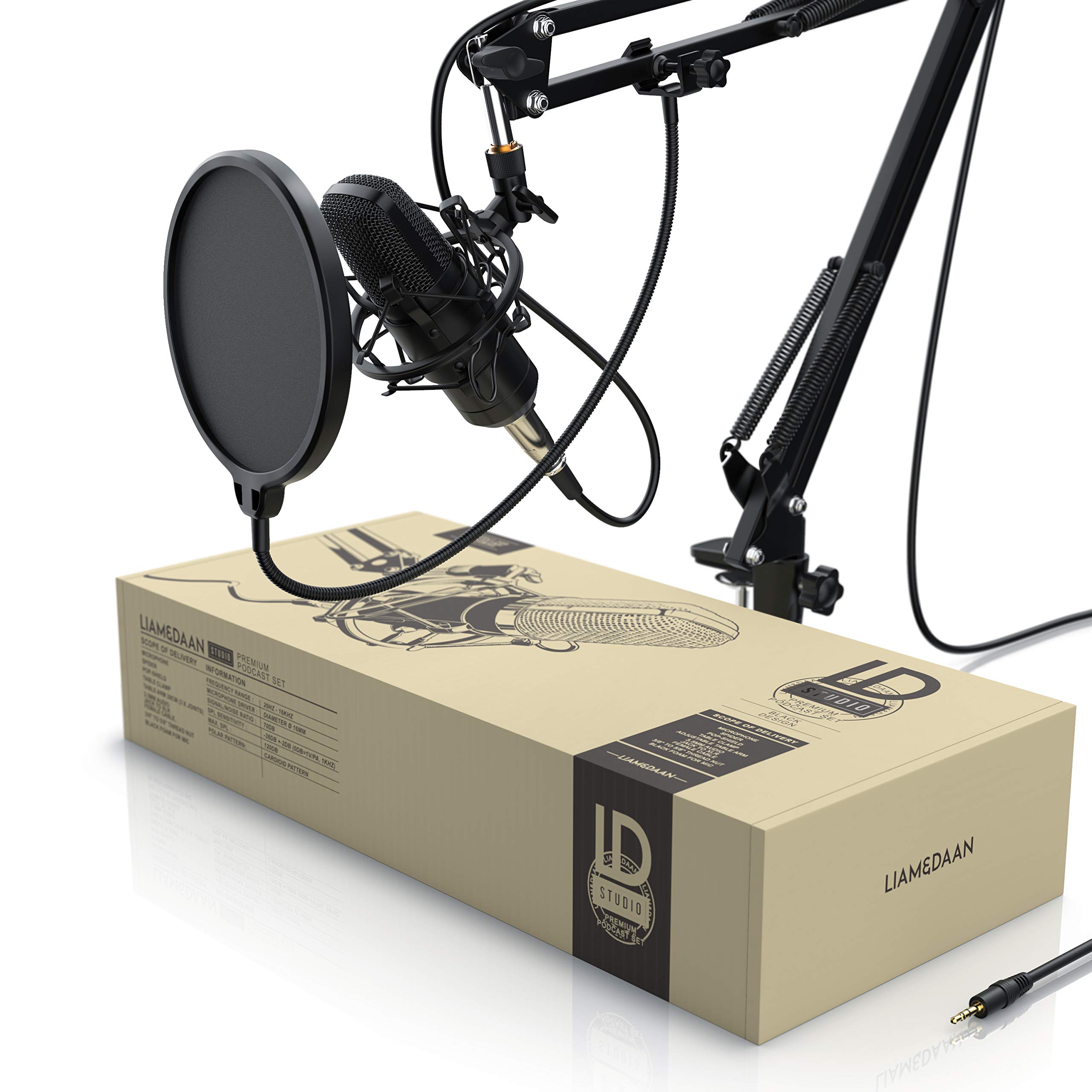 Liam & DAAN Kondensatormikrofon Mikrofonarm, Studiomikrofon Set - Großmembran Kondensatormikrofon Mikrofonarm und Spinne - Popschutz 2,5m 3,5mm Klinke zu XLR Kabel