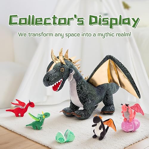 Vista 134 de Juego de 7 juguetes de peluche de dragón verde gigante de 21.7 pulgadas, animal de peluche con 4 bebés y 2 huevos, dinosaurios de peluche para niños