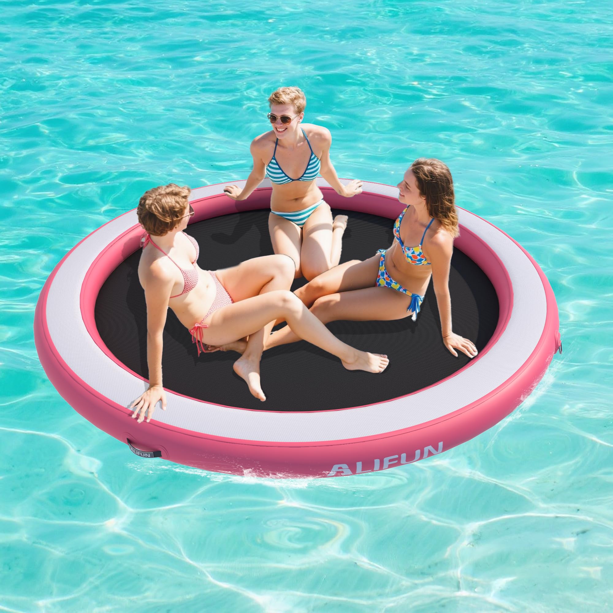 Inflatable Dock Floating Platform 8ft Inflatable Water Hammock Floating Deck for Lake Cupholder Round Floating Ring Sunchill Float Ring Pool Float Raft Lounger Island Platform Pad DYPink240