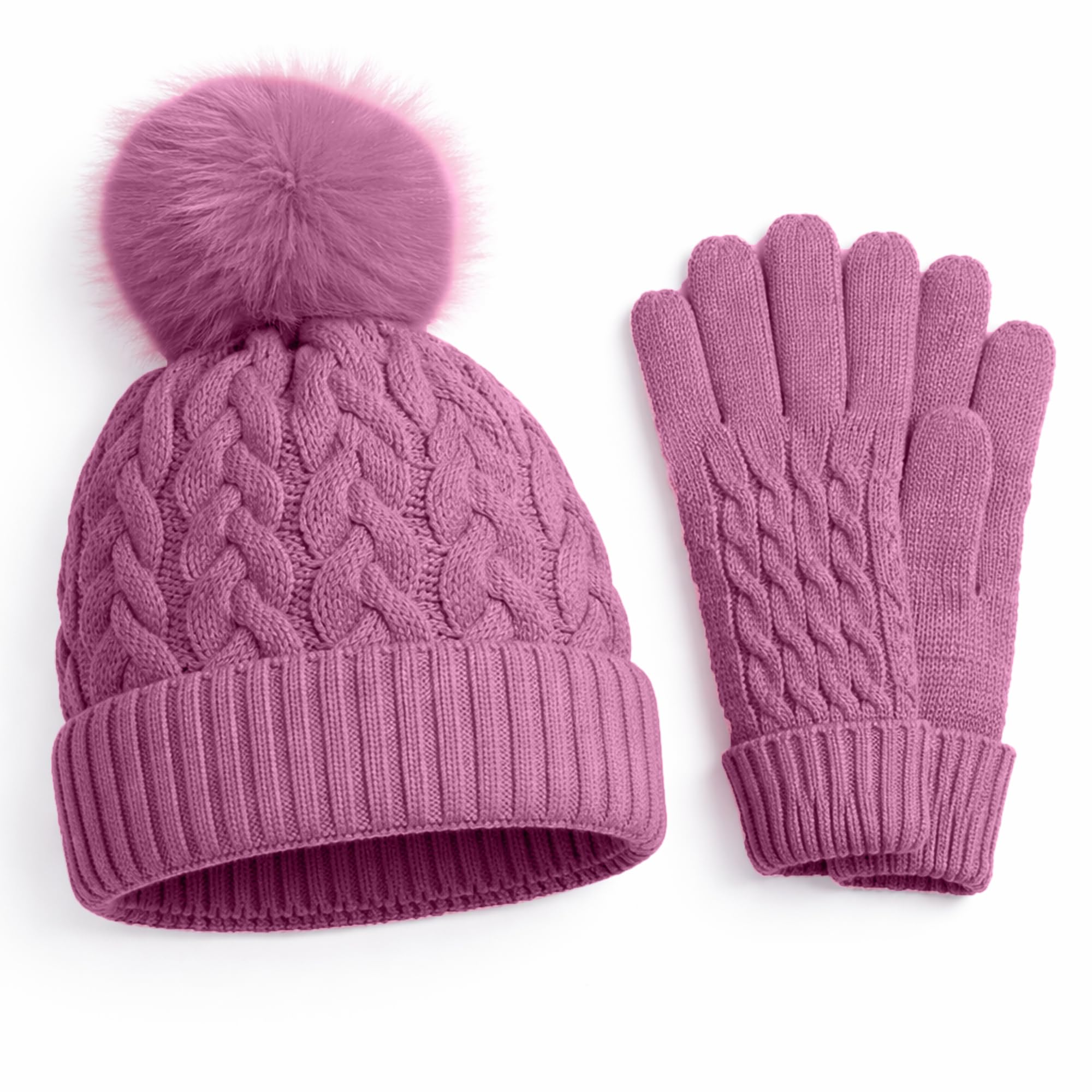 HiFEN® Winter Beanie Hat Gloves Set Ladies Thermal Warm Knitted Cap and Touchscreen Gloves Cold Weather Set for Indoor Outdoor Activities