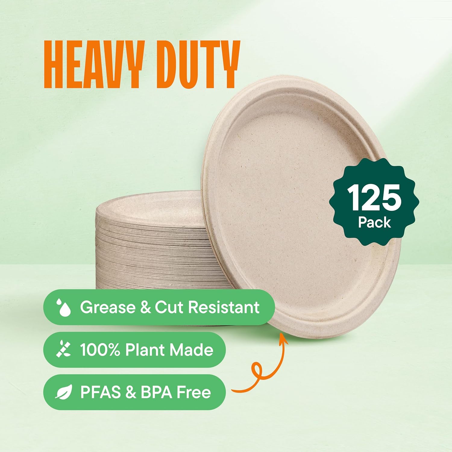 Paper Plates, 100% Compostable Heavy Duty Disposable 10 Inch Plate - [125-Pack] Eco-Friendly, Biodegradable Bagasse - (PFAS-Free) - (BPI Certified) - Image 2