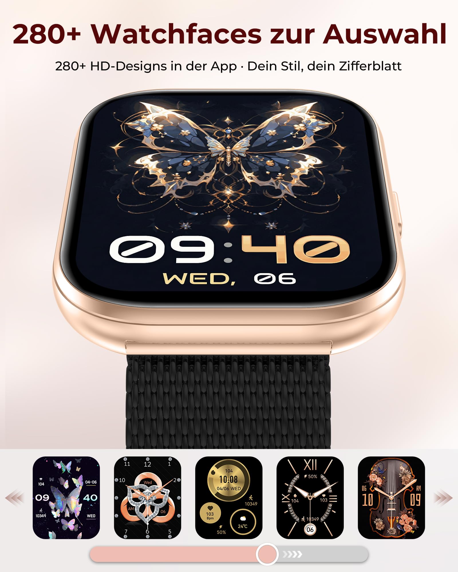 Iaret Smartwatch Damen, Geschenkset mit 4 Wechselarmbändern & Schmetterlings-Charm, 1,75" HD Display, Bluetooth Anrufe, Herzfrequenz SpO2 Schlaf Tracking, 120+ Sportmodi, Kompatibel mit Android iPhone