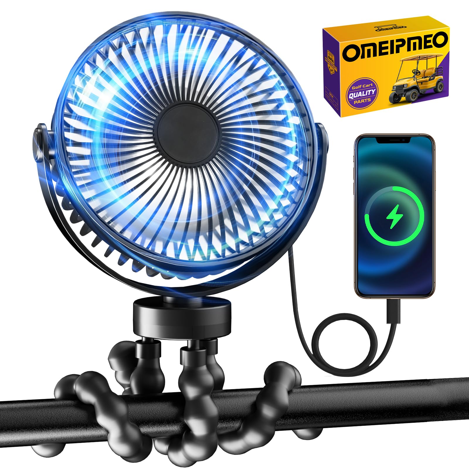 OMEIPMEO Rechargeable Golf Cart Fan, 12000mAh Stroller Fan, Adjustable 4 Speeds, LED Light, Power Bank, 360° Rotation, Portable Clip on Fans with