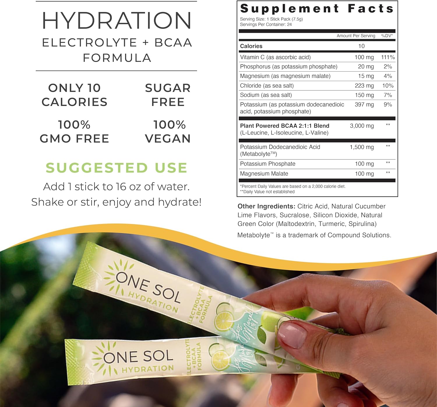 One Sol Hydration - Cucumber Lime - 24x On The Go Stick Packs - Electrolyte Powder Drink Mix - Energy Boost & Burn - Third Party Tested