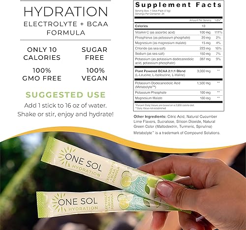 Miniatura 8 de One Sol BCAA y polvo de electrolitos para hidratación y energía, fórmula totalmente natural, 100% vegano, sin OMG, sin gluten y sin soja, promueve