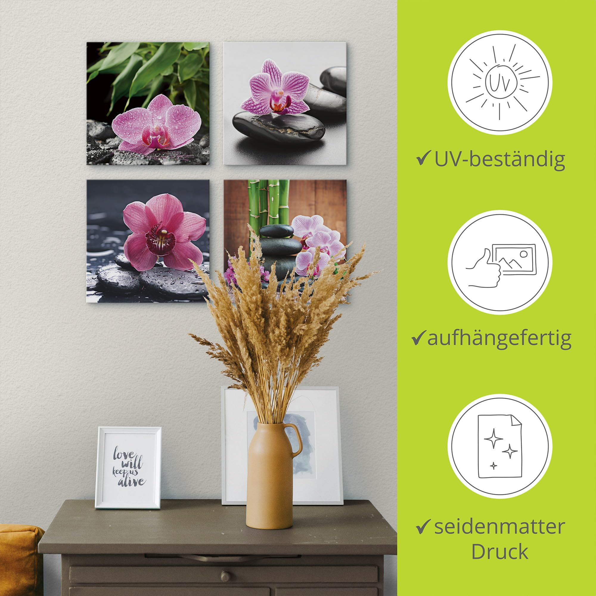 ARTLAND Wanddeko Wellness Bilder Leinwand Bilder Set 4tlg. je 40x40 cm Quadratisch Wandbilder Zen Orchidee Stein Tropfen Spa S6MH