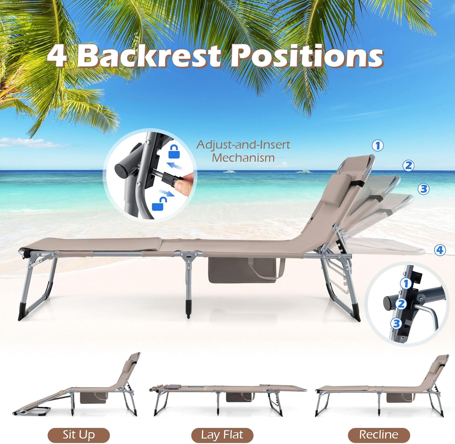 GYMAX Tanning Chair, 3 in 1 Sun Bathing Lounge Chairs with Face/Arm Holes & Side Pocket, Portable Lightweight Face Down Layout Tanning Chair for Outside, Beach, Backyard, Poolside (1, Sand)