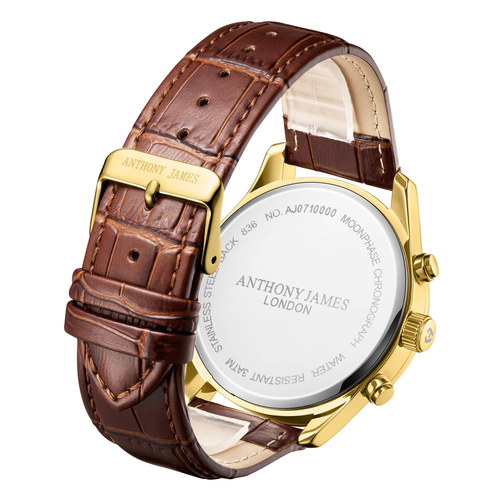 Anthony James Orologio da polso automatico da uomo con fasi lunari, retro in acciaio inox, analogico, cinturino in pelle, cronografo, assemblato a mano, resistente all'acqua e ai graffi