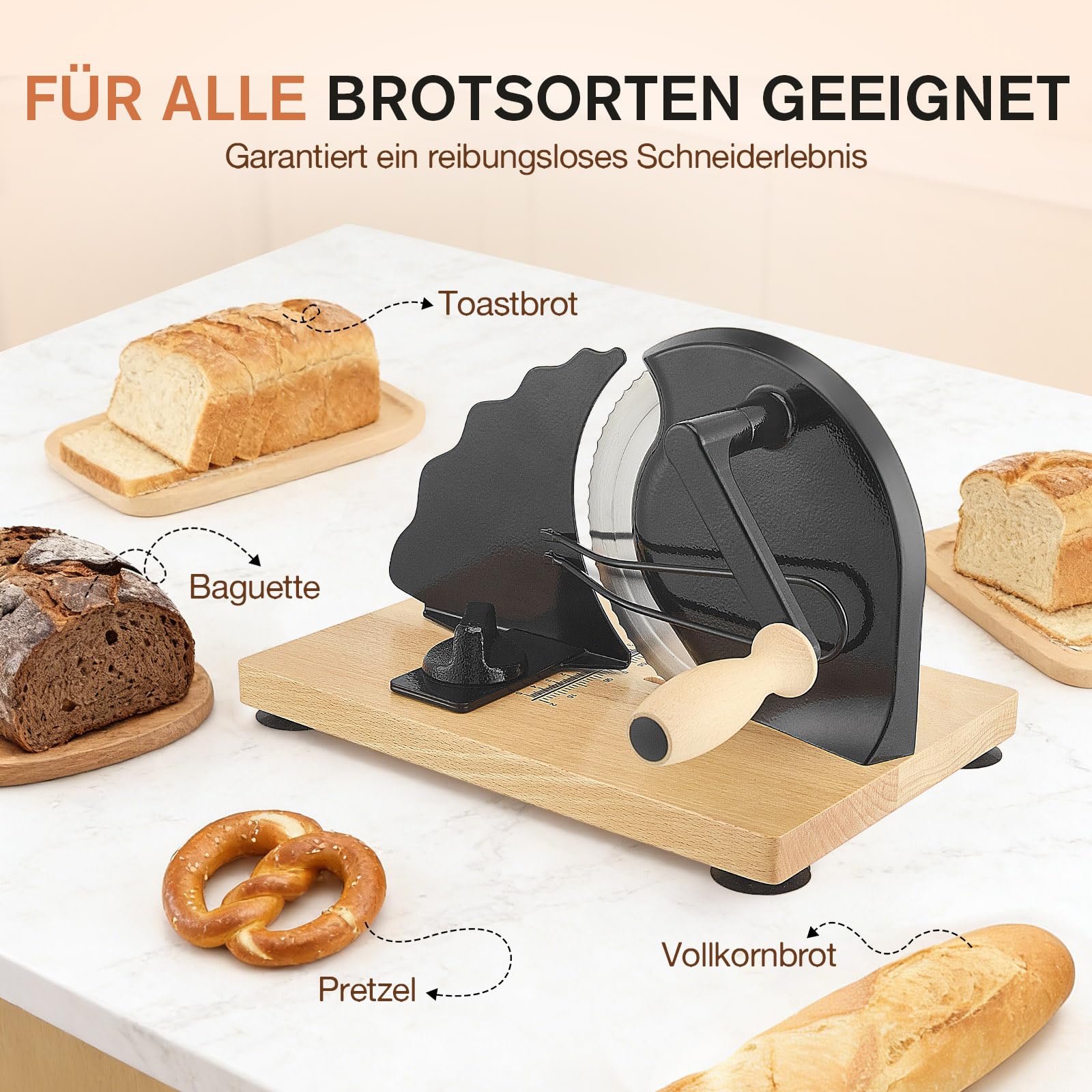 Affettatrice manuale per il pane con linee e ventose, lama in acciaio inox, spessore di taglio regolabile 0-21 mm per dischi uniformi, ideale per uso domestico e gastronomico