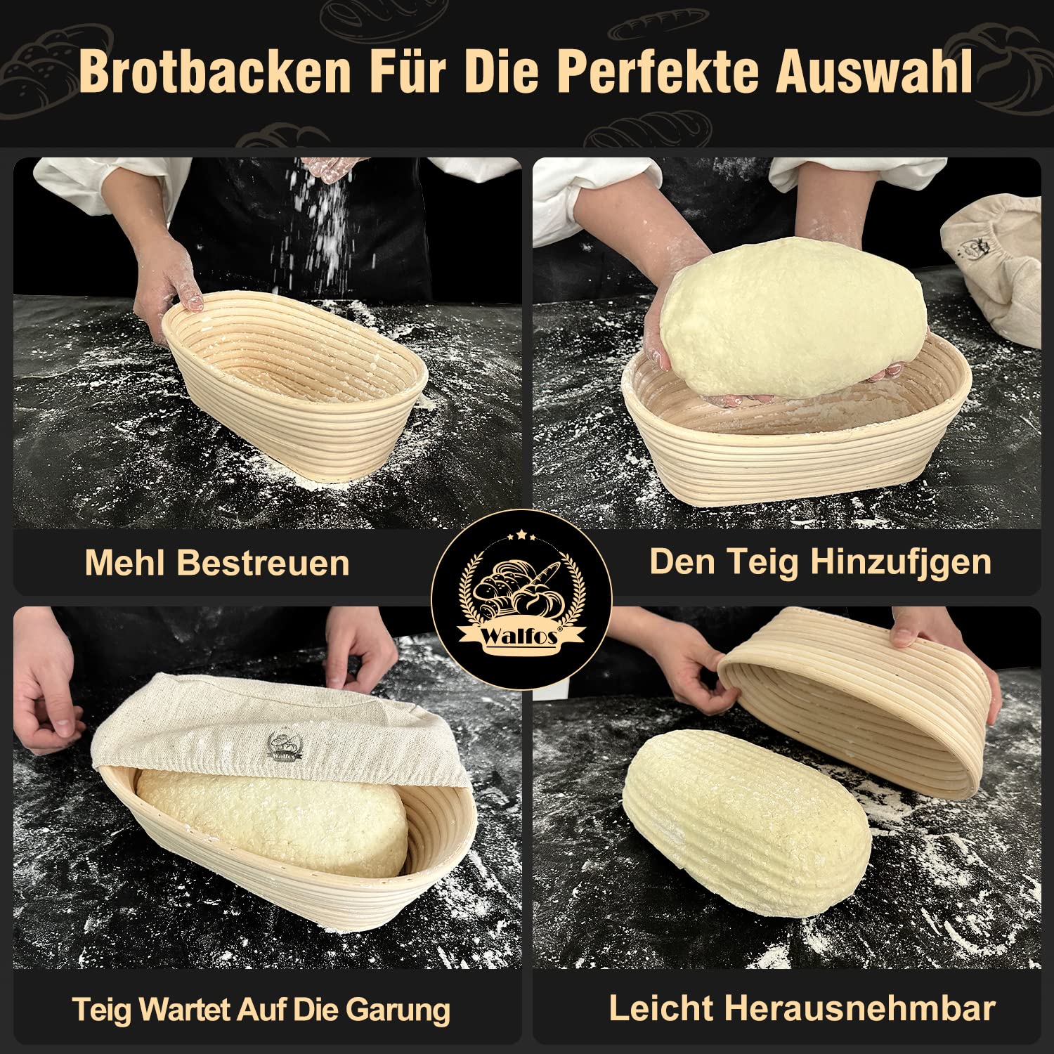 Walfos® Set di cestini per lievitazione ovale, cottura del pane, con rattan naturale, pennello, forchetta e rivestimento in lino, ideale per casa e professionisti