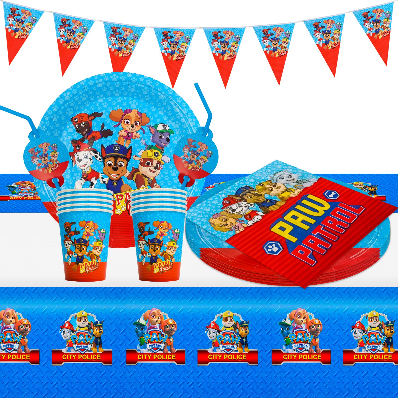 Ainvliya 52 Pcs Party Tableware Set with Paw Patrol Party Supplies Set Birthday Party Paper Plates Cups Napkins and Tablecloth Sets Kids Paw Patrol Birthday Party Decorations for 10 Guests