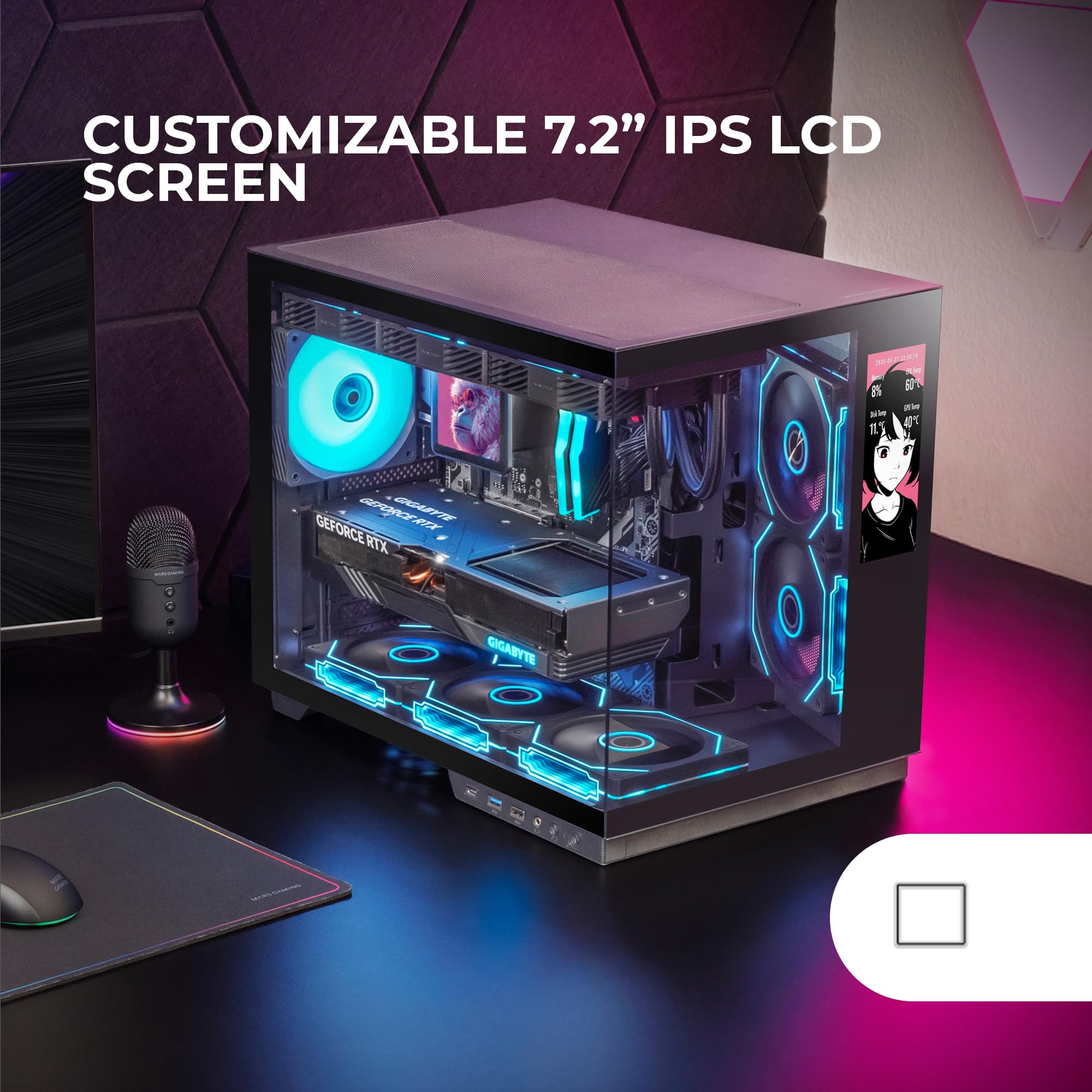 Mars Gaming MC-MIRAGE, Case Gaming ATX, Schermo LCD IPS 7,2” Personalizzabile, Vetro Temperato Continuo Frontale e Laterale, Struttura Doppia Camera, Supporto Raffreddamento Liquido fino 360mm, Nero