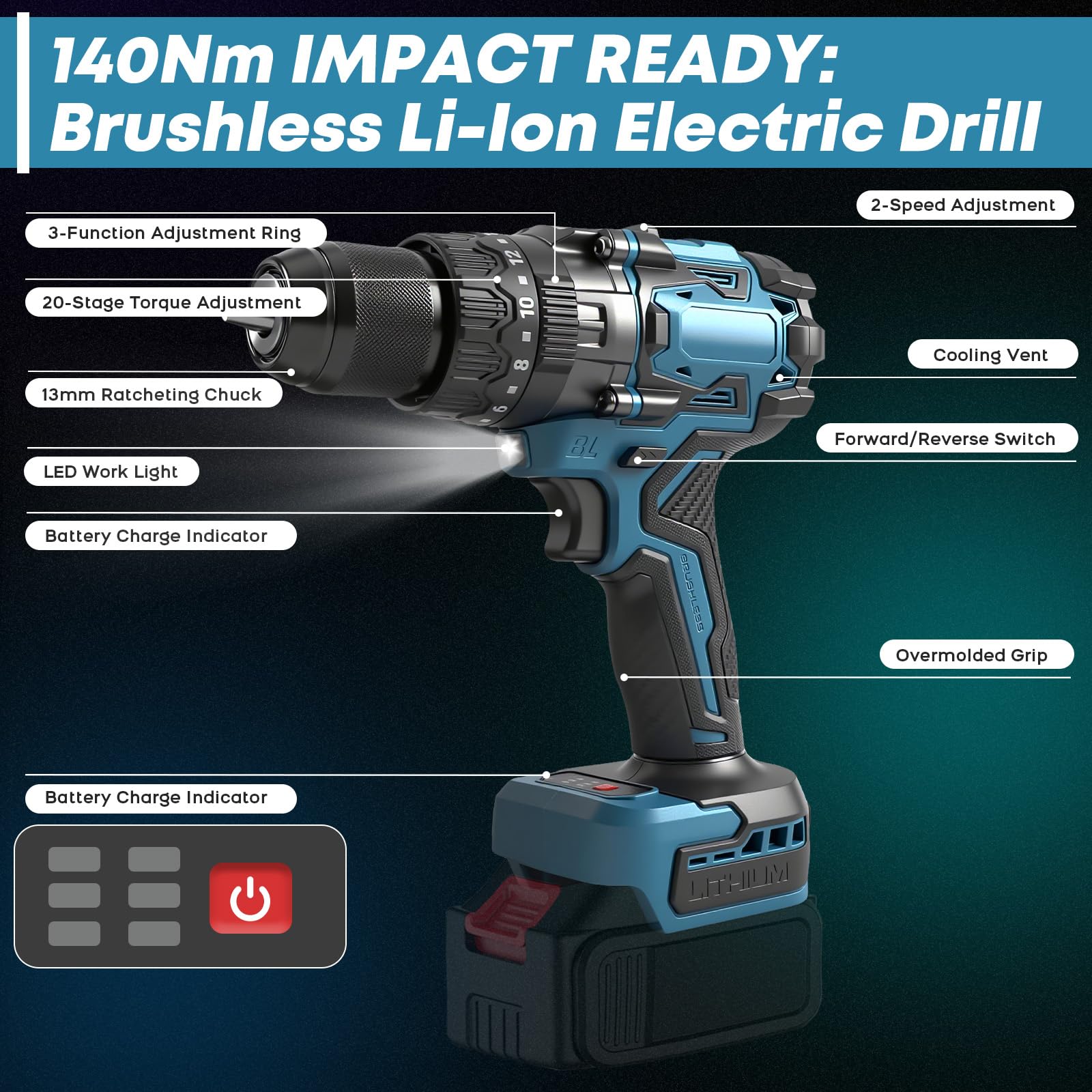 Juego de destornilladores de 140 Nm, compatible con batería Makita de 18 V (sin batería), 2 marchas, tornillo de percusión pesado, sin escobillas, con antitorsión, juego de 44 accesorios, para madera
