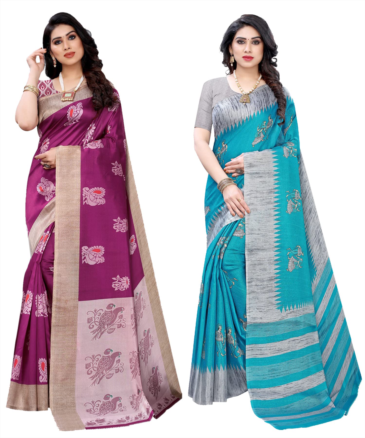 yashika Women's Combo Art Silk Printed Saree With Blouse Piece Pack Of 2(KESAR WINE-NAURTA BLUE)-picture-21