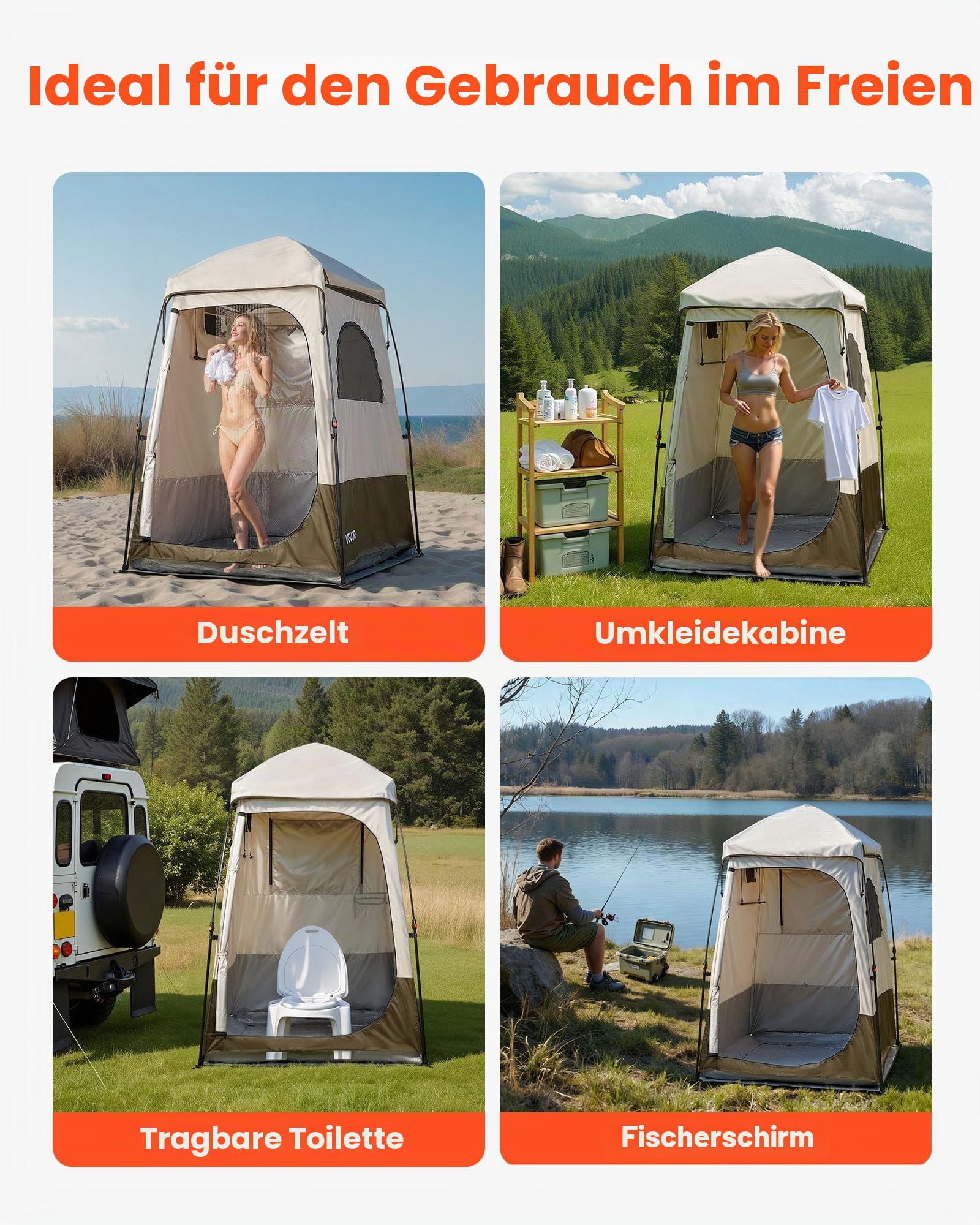 VEVOR Camping-Duschzelt, 210,8 x 106,7 x 210,8 cm, 2 Räume, übergroß, tragbar, Outdoor, Sichtschutz, Zelt mit abnehmbarem Oberteil, Taschen, Seil zum Aufhängen und Wäscheleine, zum Anziehen, Wechseln,