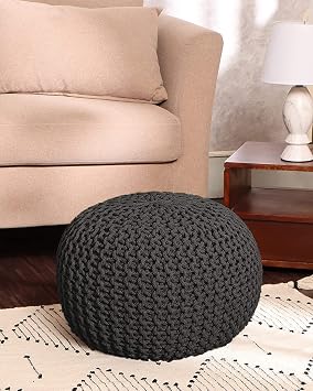 REDEARTH Round Pouf Foot Stool Ottoman - Cotton Hand Knitting Dripuff - Cord Boho Home Decor - Cable Pooh for Living Room - Bedroom 19.5 x 19.5 x 14 - Dark Grey