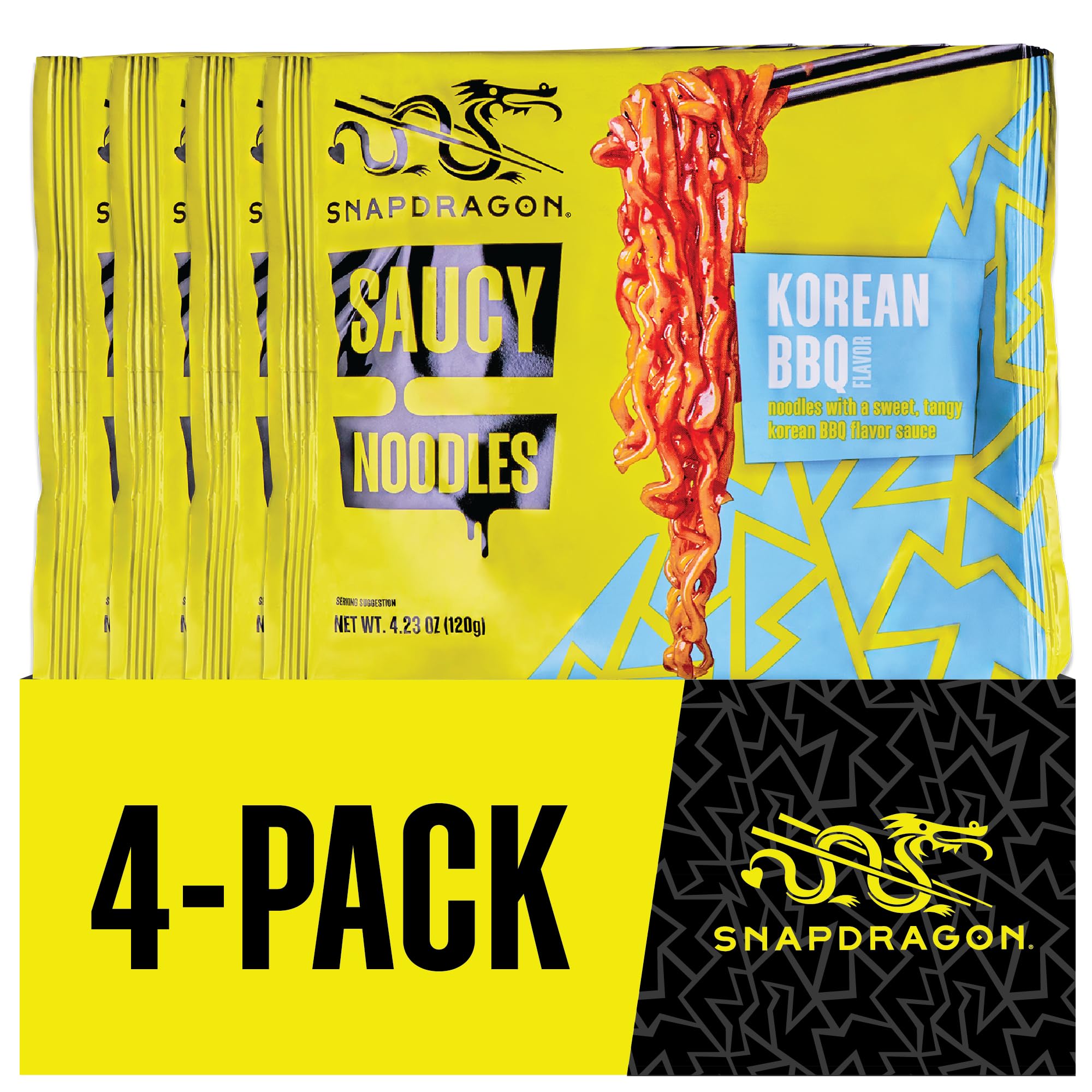 Snapdragon Saucy Instant Noodles with Korean BBQ Slurpable Sauce - Quick Meal, Snack, and Lunch. 4-Pack Microwave Noodles for Cup, Bowl, Ramen or Asian Stir Fry