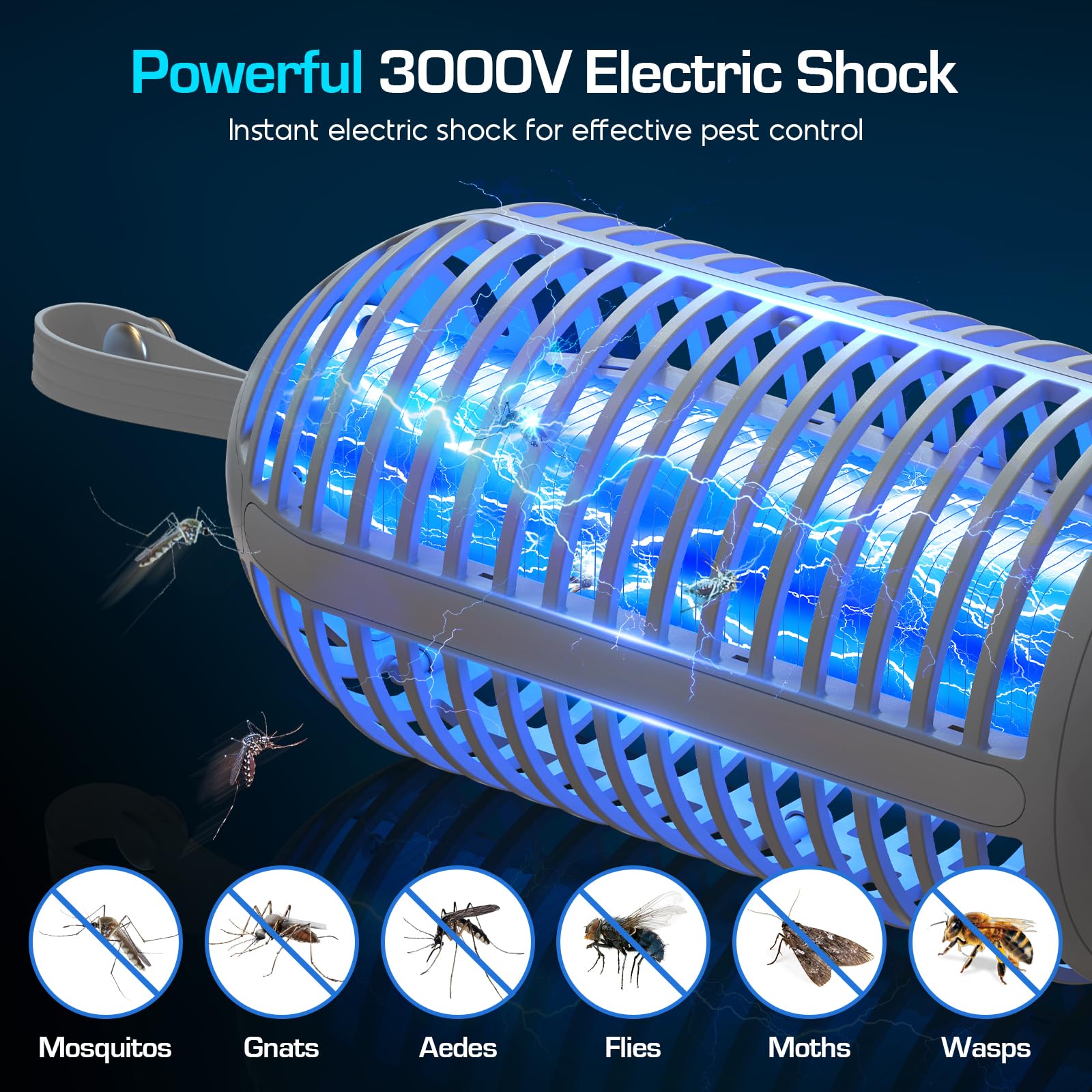 Bug Zapper Outdoor Indoor Zapper Zapper Zanzariera Elettrica 3000V con Batteria Ricaricabile 4000mAh, Impermeabile Zanzariera, Luce Marqueen 3 in 1, Lanterna da Campeggio & Fly Zapper per Casa, Patio