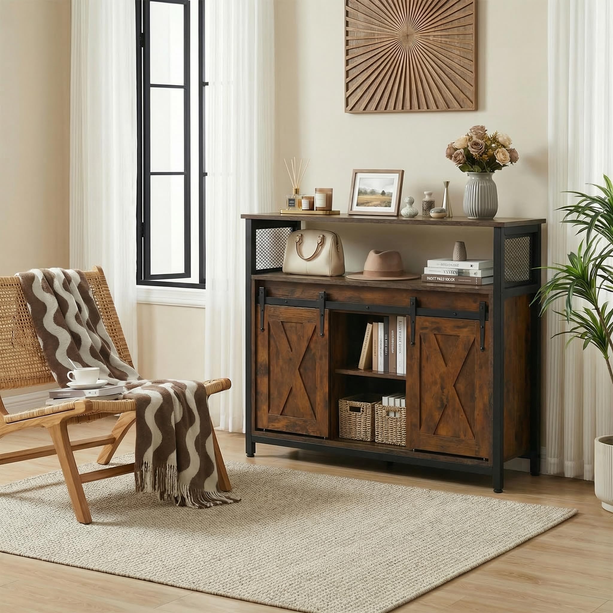 Sideboard, Küchenschrank, Aufbewahrungsschrank, 100 x 33 x 80 cm, mit 2 Schiebetüren, verstellbare Ablagen, Landhausstil, für Wohnzimmer, Esszimmer und Küche, vintagebraun-schwarz