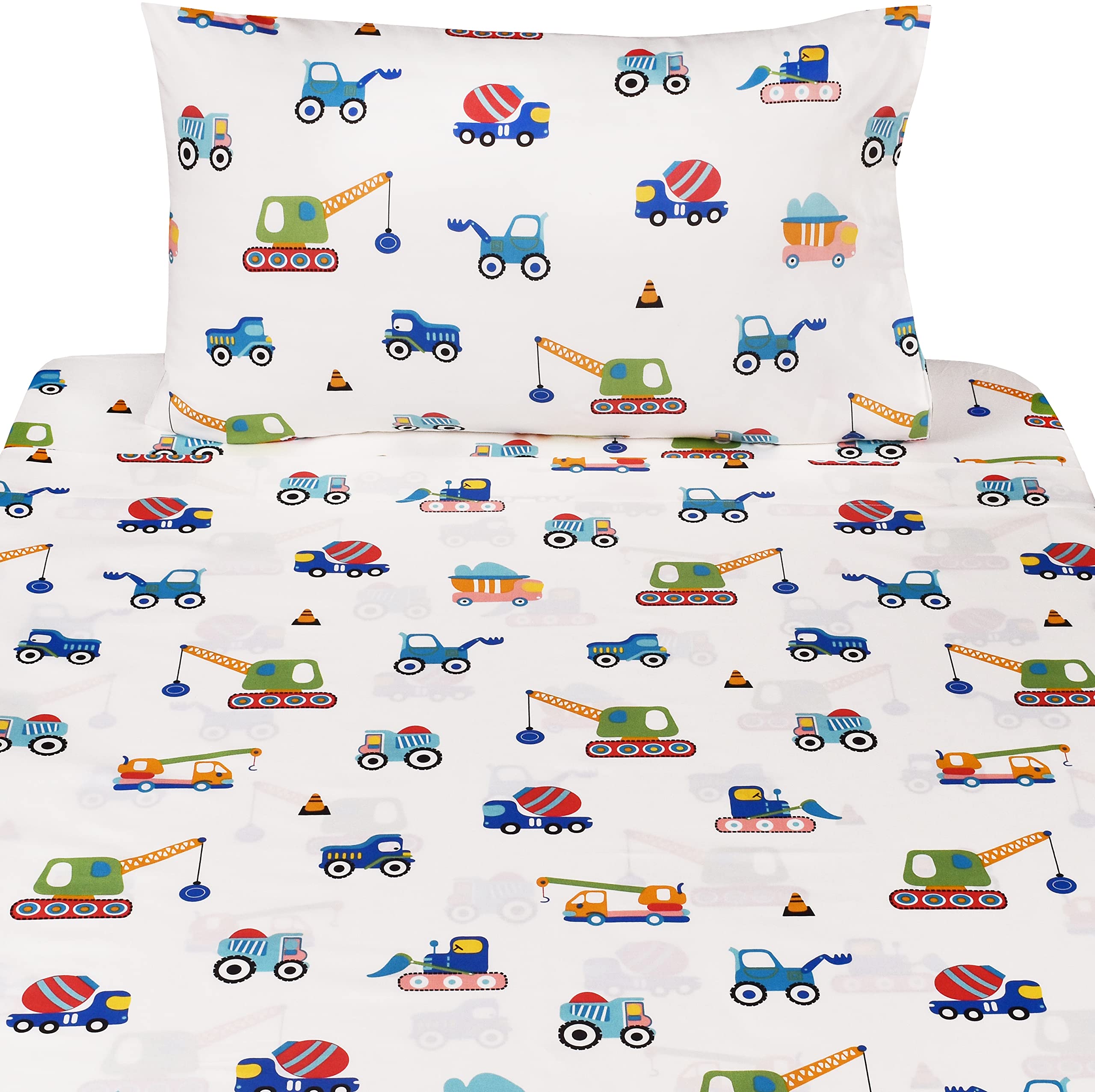 J-pinno Build Construction Engineering Vehicle Cars Trucks Crane Digger Cartoon 100% Cotton Twin 3 Pieces Sheet Set Decoration Kids Boys Children Flat Sheet + Fitted Sheet + Pillowcase Bedding Set