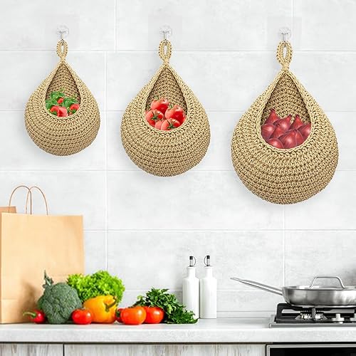 Miniatura 9 de 3 cestas colgantes de frutas para cocina, cesta colgante de lágrima, soporte bohemio para colgar en la pared con ganchos, macetas de pared tejidas a