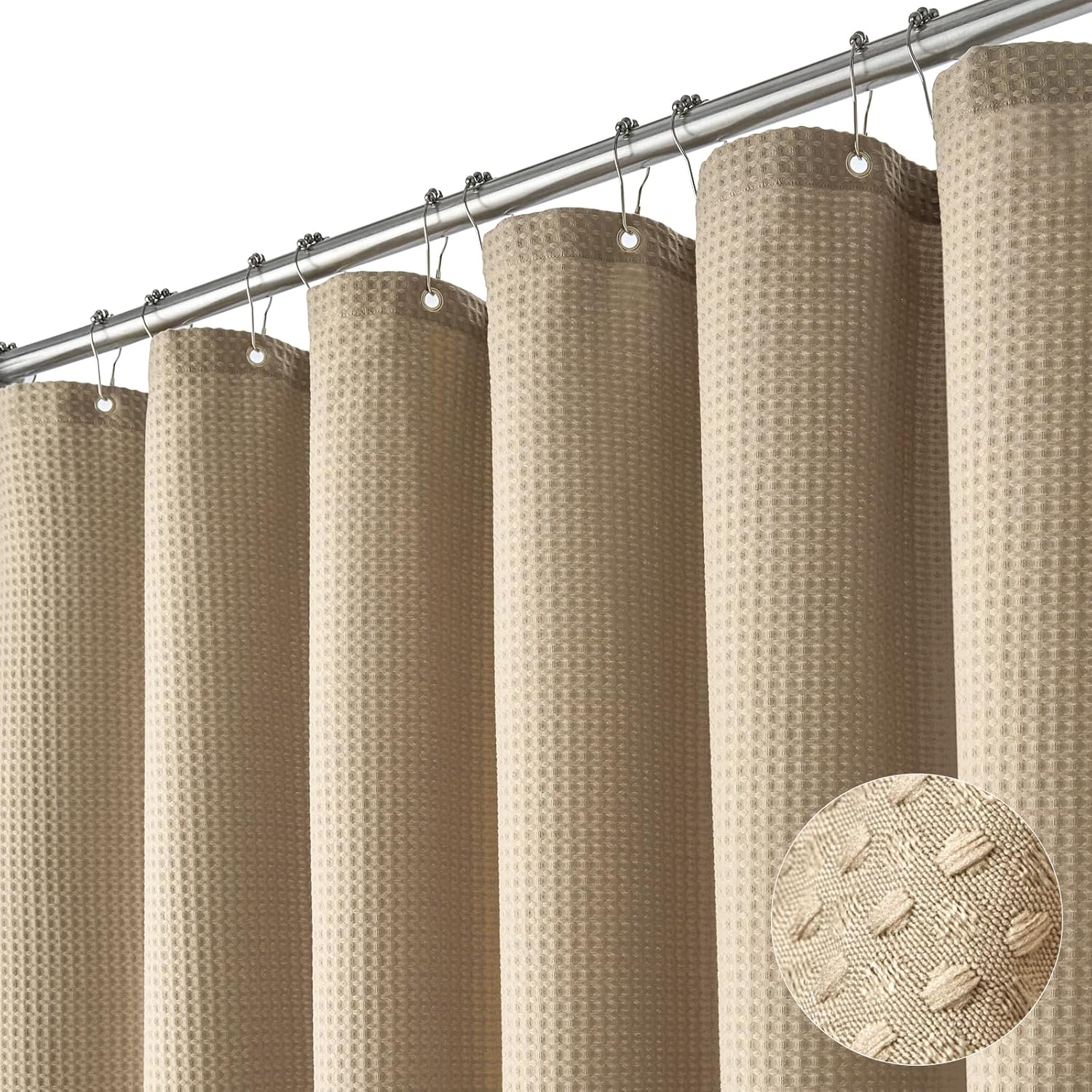 Dynamene Extra Long Shower Curtain,84 Inch Long Beige Waffle Weave Weighted Thick Fabric Bathroom Shower Curtain, Neutral Large Hotel Bath Curtain Set with 12 Plastic Hooks,72x84,Beige/Khaki Beige 72"W x 84"L (Pack of 1)