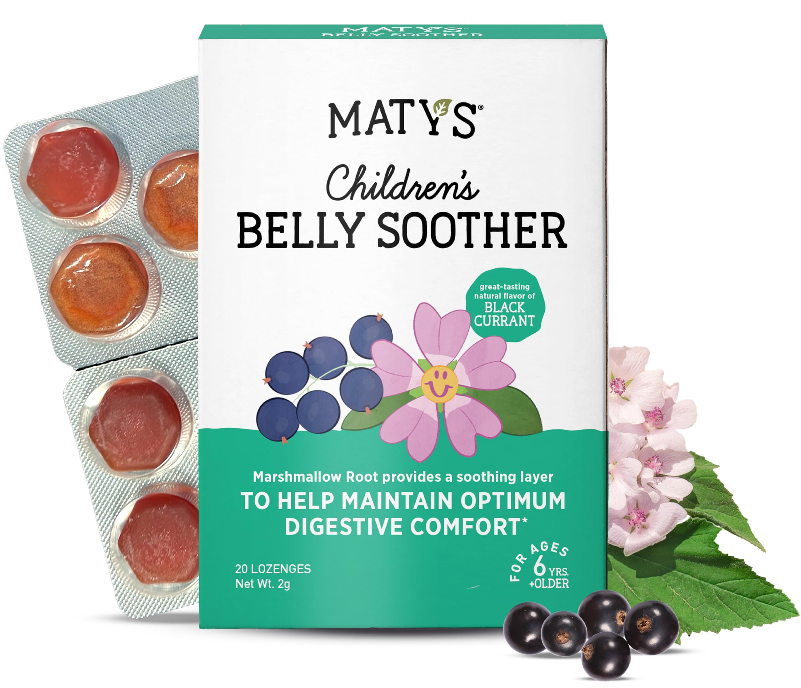 Kids Belly Soother Lozenges for Ages 6 Years Old +, Yummy Black Currant Flavor, Stomach Ache Relief for Childrens Upset Tummy & Digestive Comfort, Sugar Free, Vegan, Dye Free, 20 Count