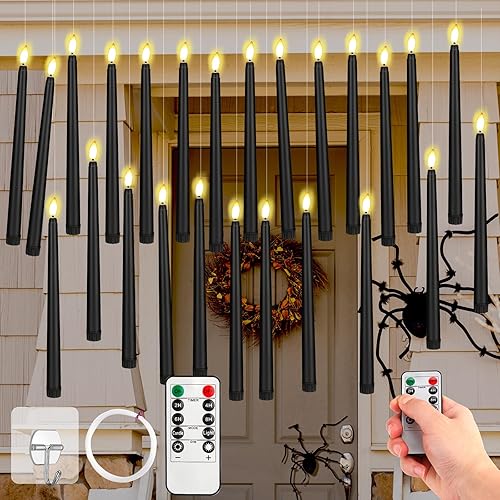 Liliful 24 Pcs Floating Taper Candles Magic Hanging Flameless Candles with Hooks Hanging Flameless Bulk Candlesticks with Remote Control LED Flickering Battery Operated for Xmas Halloween (Black)