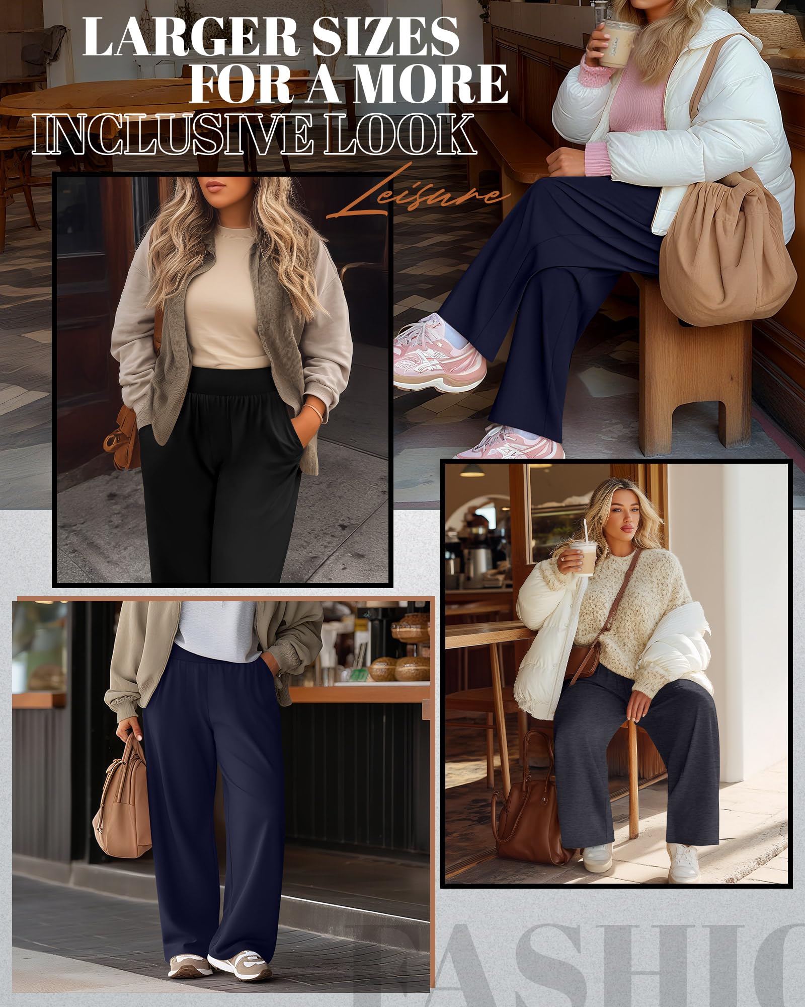 Neer Lot de 3 pantalons de yoga à jambes larges pour femme - Taille haute - Pantalon de survêtement Palazzo avec poches, Noir, gris foncé, bleu marine, Taille XL