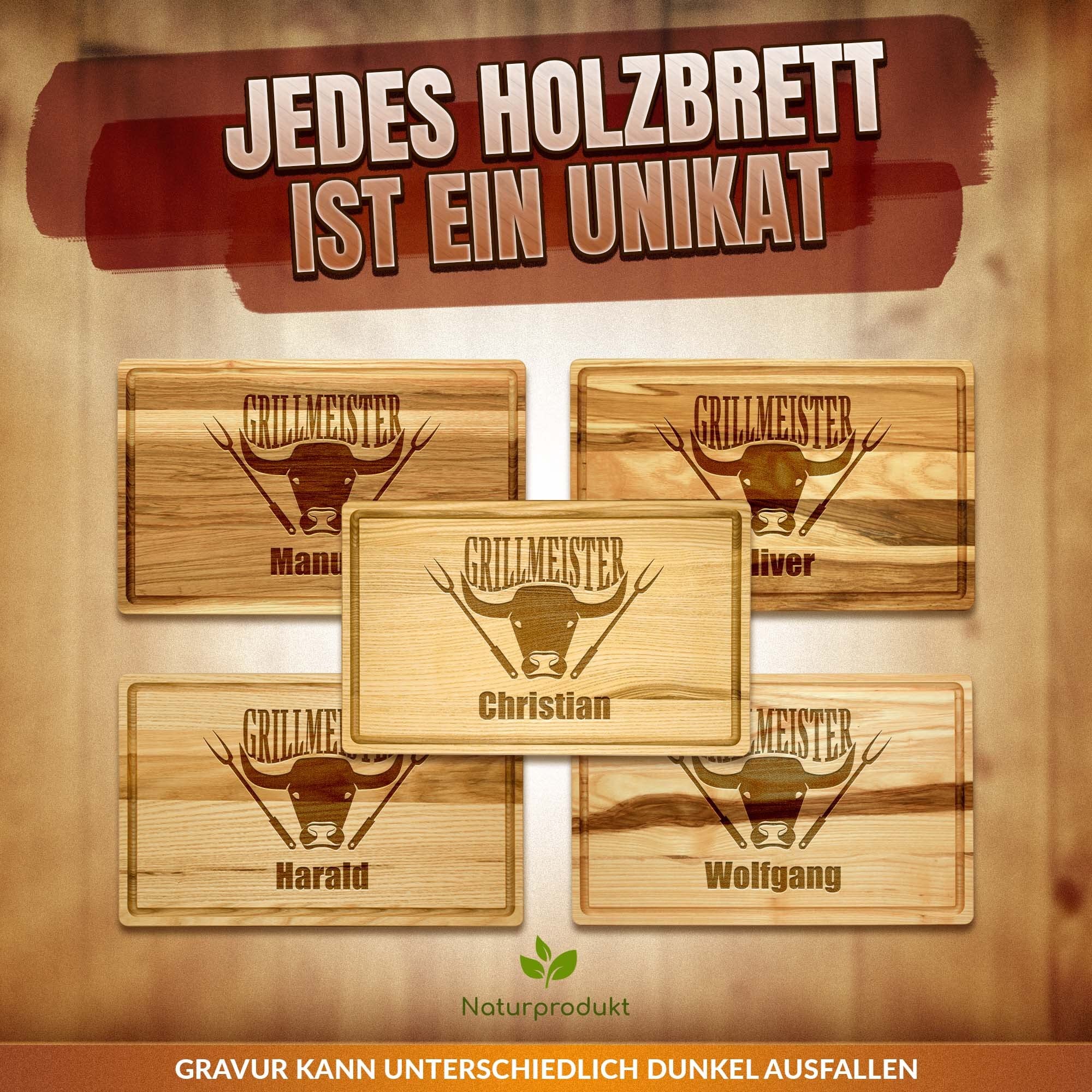 PR Print Royal Großes Holzbrett mit Gravur - Schneidebrett personalisiert mit Name - Grillmeister - Geschenke für Grillfans zum Geburtstag | Eschenholz, 40 x 25 x 2 cm, personalisiertes Geschenk