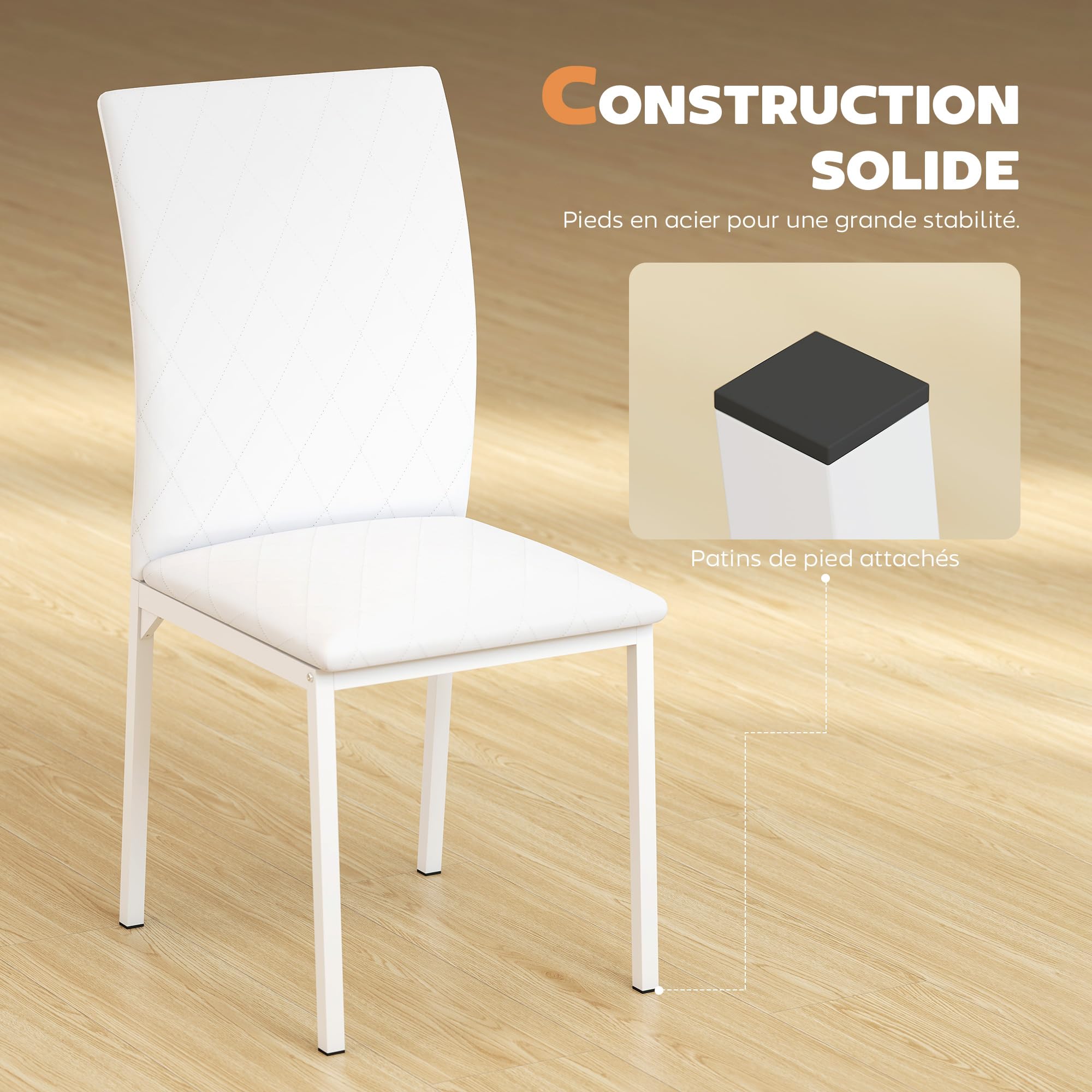HOMCOM Lot de 4 Chaises de Salle à Manger Modernes, Rembourrées Blanc | Chaises de Cuisine, Capitonnage Rhombique, Pieds en Métal, pour Salon, Maison
