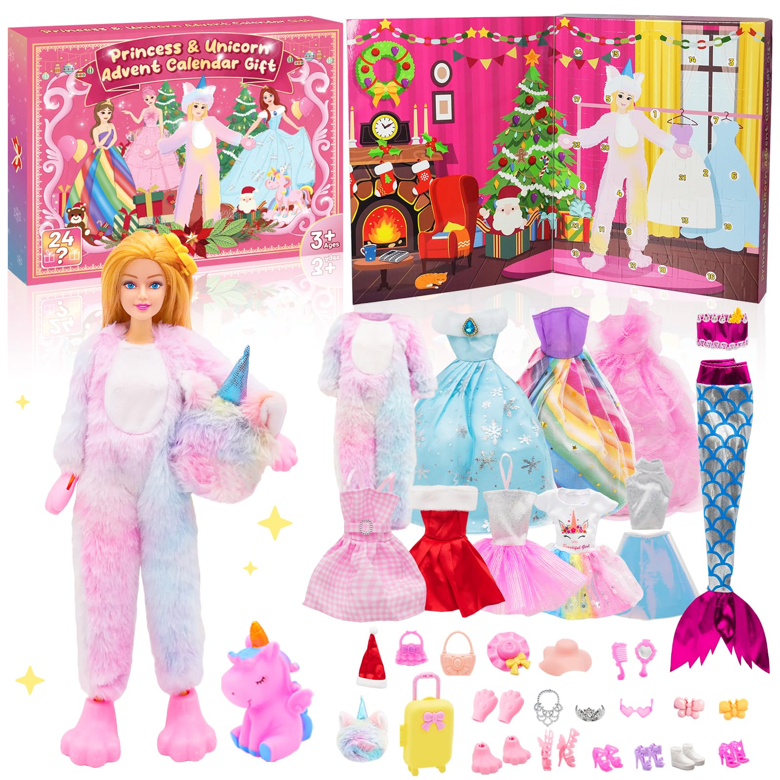 Advent Calendar 2024 with Doll Accessories Toys: 24 Days Countdown Christmas advent calendar Princess & Unicorn Doll Toys Dress Up Clothes Set for Kids Girls Christmas stocking fillers Christmas Gifts