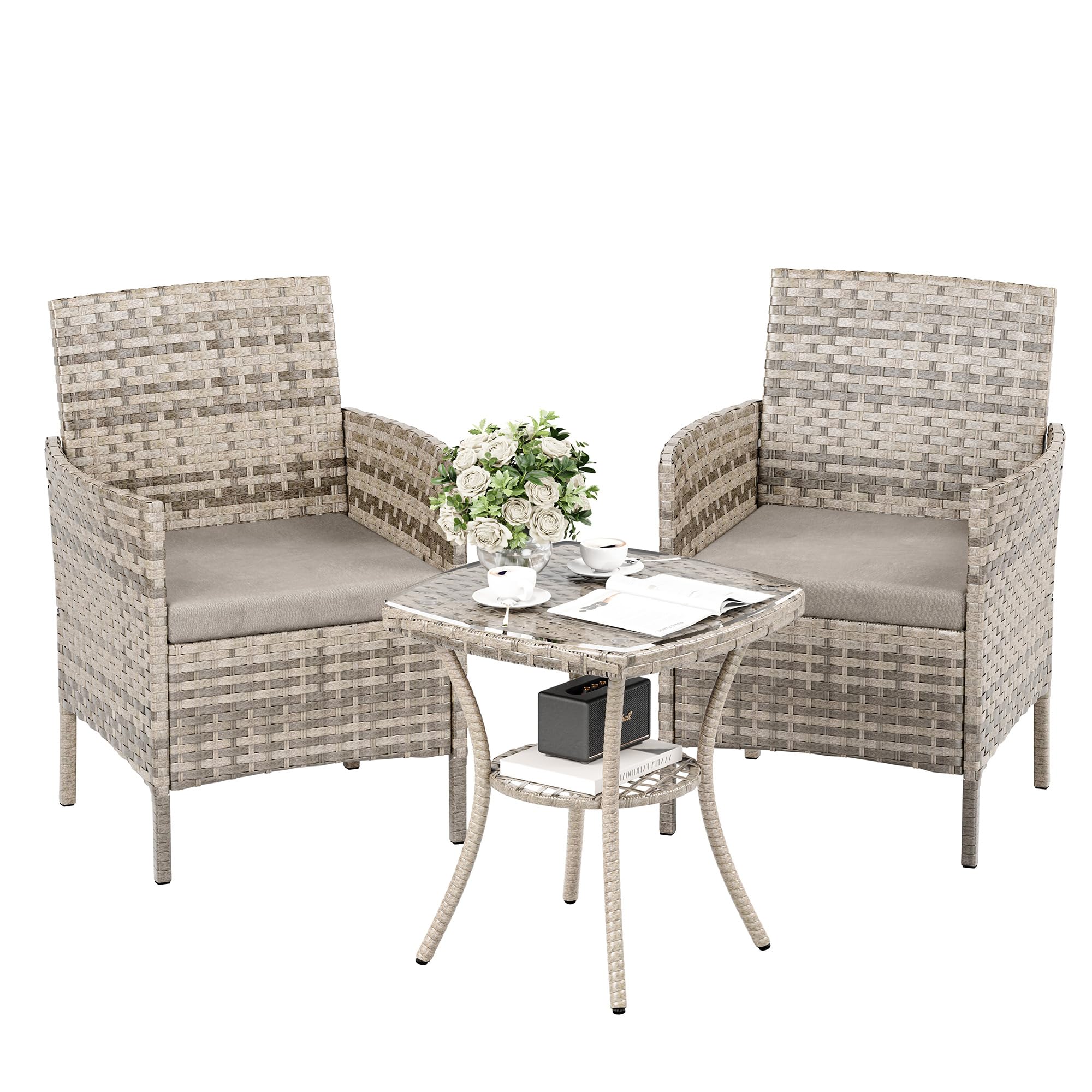 UDPATIO Rattan Garden Furniture Set 3PCS, Outdoor Bistro Patio Set with 2 Armchairs & Side Table, Weather Resistant Conservatory Furniture for Balcony, Garden & Terrace, Tawny
