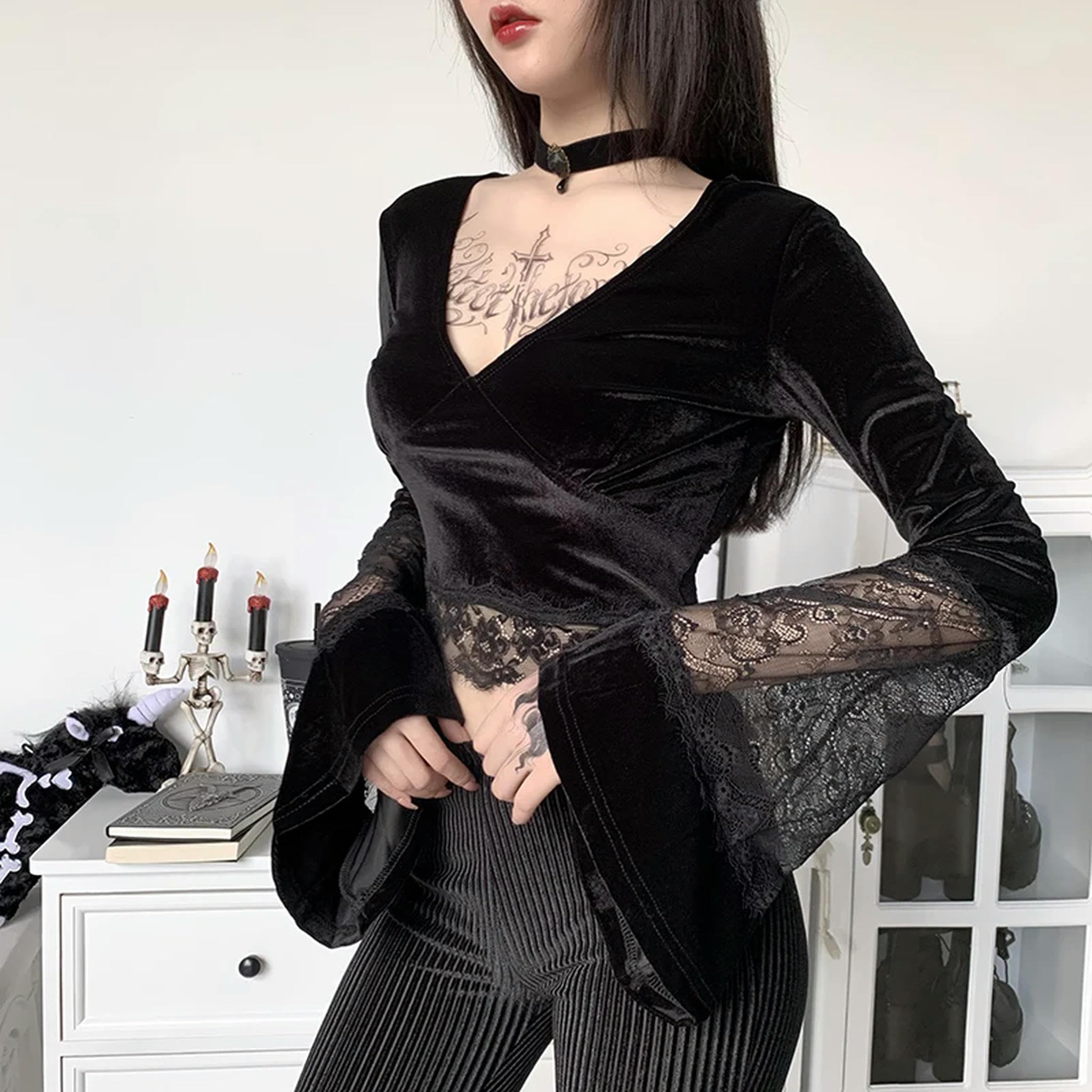 Blusa Elegante de Verano con Escote en V, Mangas Acampanadas, Encaje y Retazos, Cintura Alta, Color Negro, M