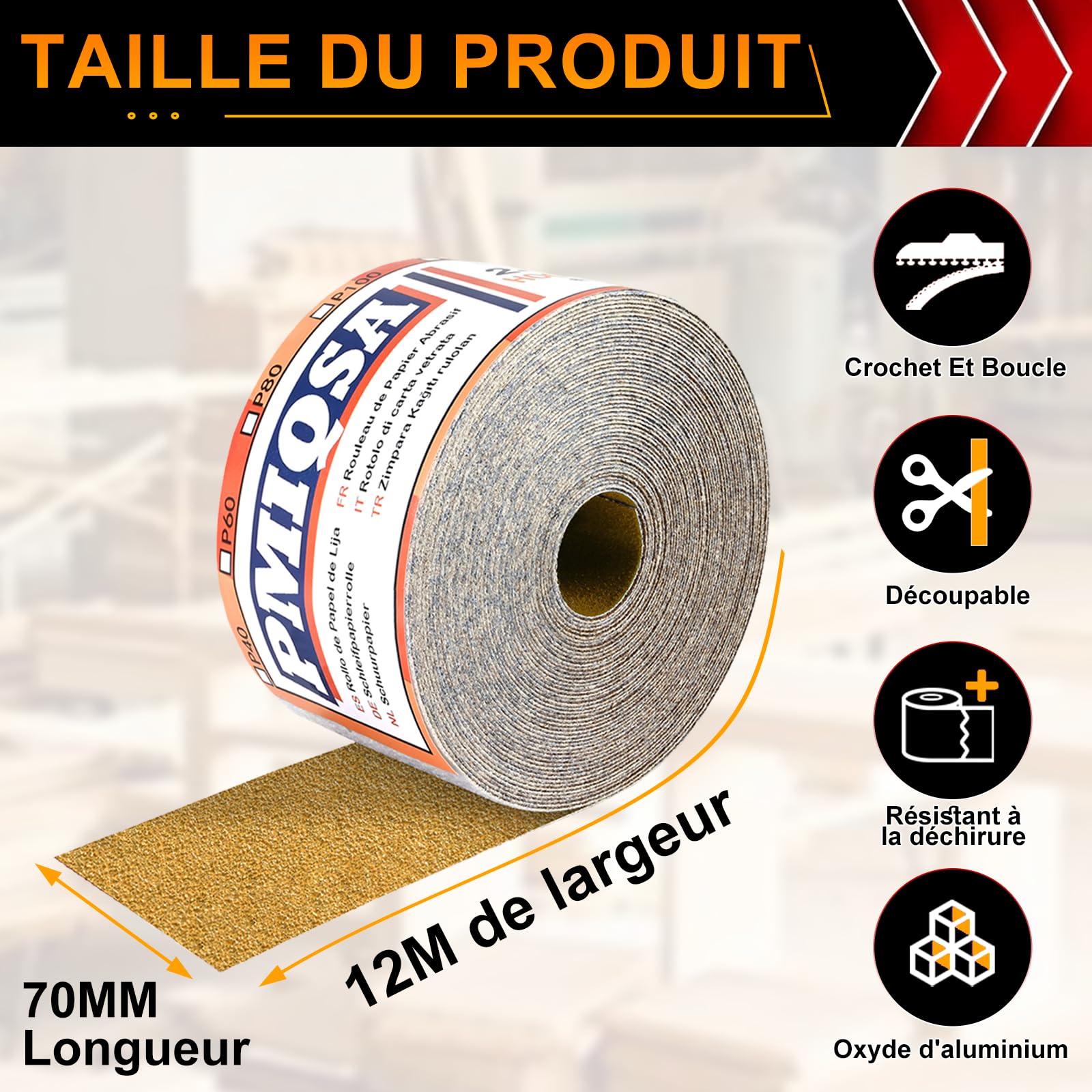 Rouleau De Papier Abrasif Auto-Agrippant Grain 80, 70 mm x 12 m | Papier De Verre Quartz pour Le Bois, Le MéTal, La Peinture, Le PlâTre pour Ponceuses Vibrantes et Manuelles