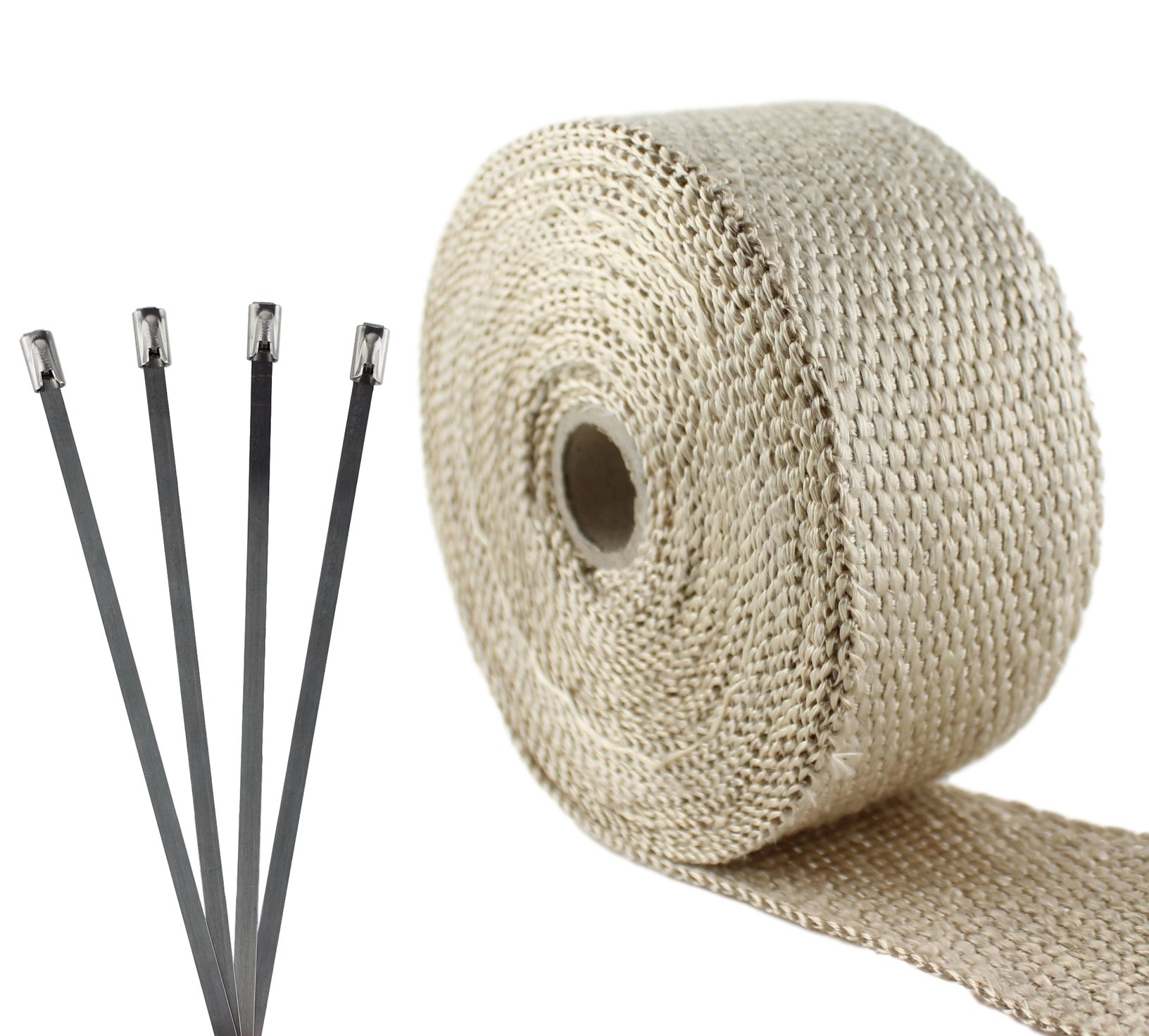 JC PERFORMANCE PRODUCTS USAJCP Heat-Resistant Header and Exhaust Pipe-Wraps (Tan Fiberglass (Heat Treated), 2 Inch Thick x 25 Foot Length W/ 4 Ties)