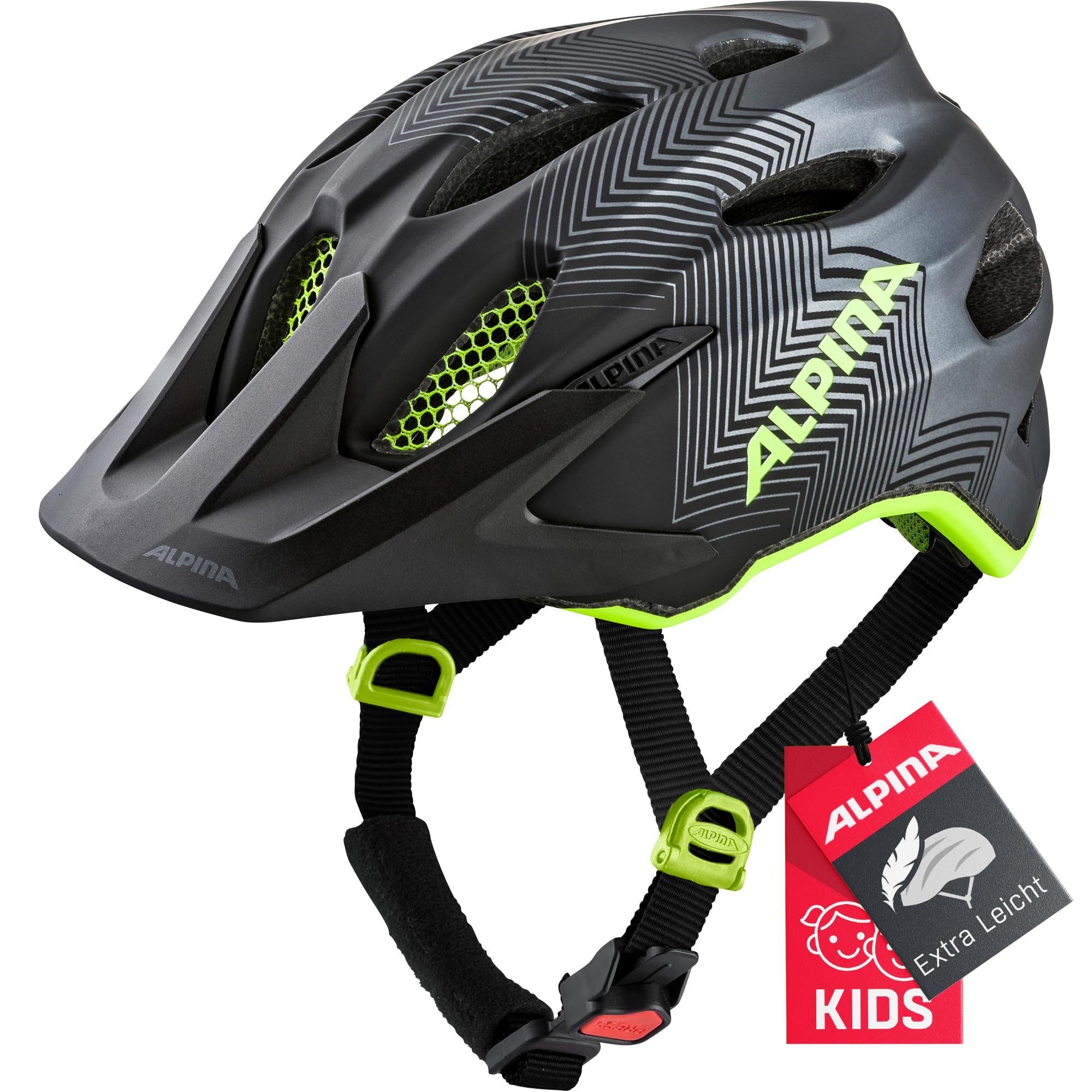 Alpina Carapax JR. - Leichter, Robuster & Sicherer Fahrradhelm Mit Fliegennetz & Optionalen LED-Licht Für Kinder, Black-neon-Yellow, 51-56 cm