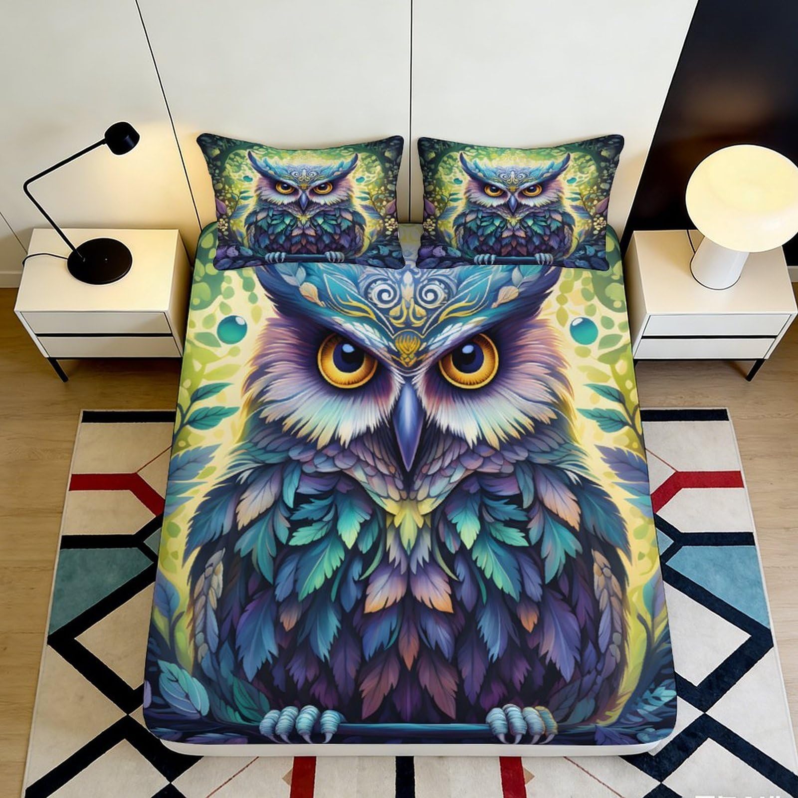 3D Printed Colorful Owl Fitted Sheet Microfiber Soft Breathable Forest Art Mattress Cover for Bedroom Dorm Decor 180x200x25cm