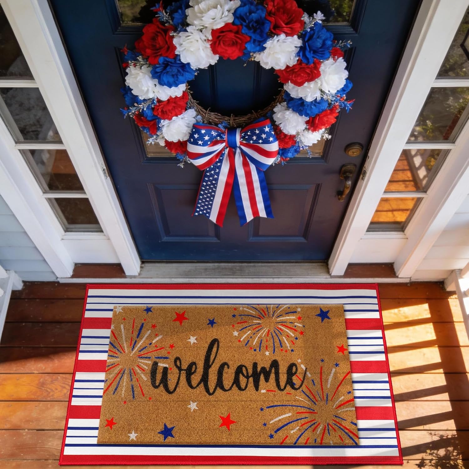 Moucuny 2 Pcs 4th of July Coir Door Mat Outdoor 250 Anniversary USA Red White Blue Welcome Rug Patriotic Mat Non-Slip Independence Day Freedom Memorial Day Indoor Entrance Outside Porch Front Decor