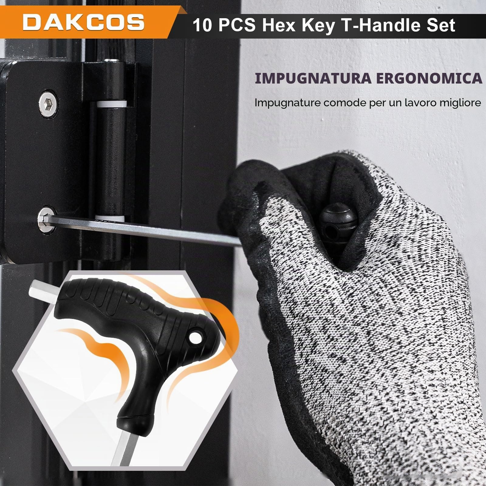 DAKCOS Set di 10 chiavi a brugola con impugnatura a T, con manico a T, metriche da 2 a 10 mm, con portapacchi, Cr-V