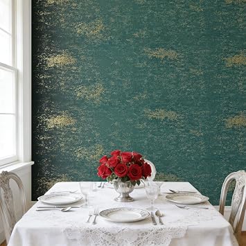 Stickyart Teal Gold Wallpaper Peel and Stick 12"x160" Textured Vintage Luxury Emerald Green Metallic Gold Plaster Concrete Wallpaper Self Adhesive Antique Wall Paper Industrial for Cabinet Accent Wall
