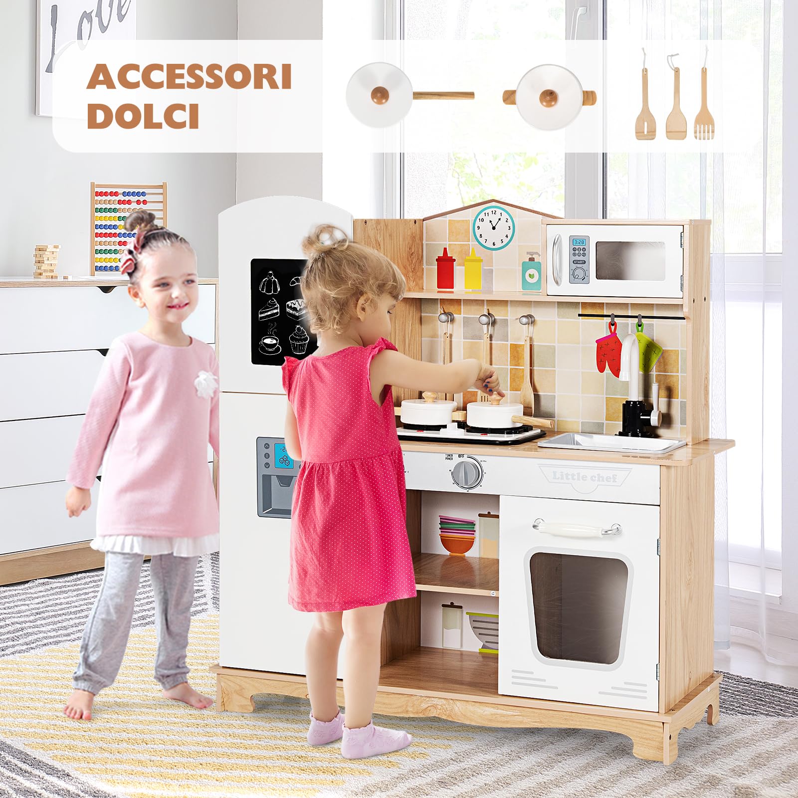 RELAX4LIFE Cucina Giocattolo in Legno per Bambini, Mini Cucina con Utensili da Cucina, Suoni e Luci Realistici, Giocattolo Educativo per Bambini 3+ Anni
