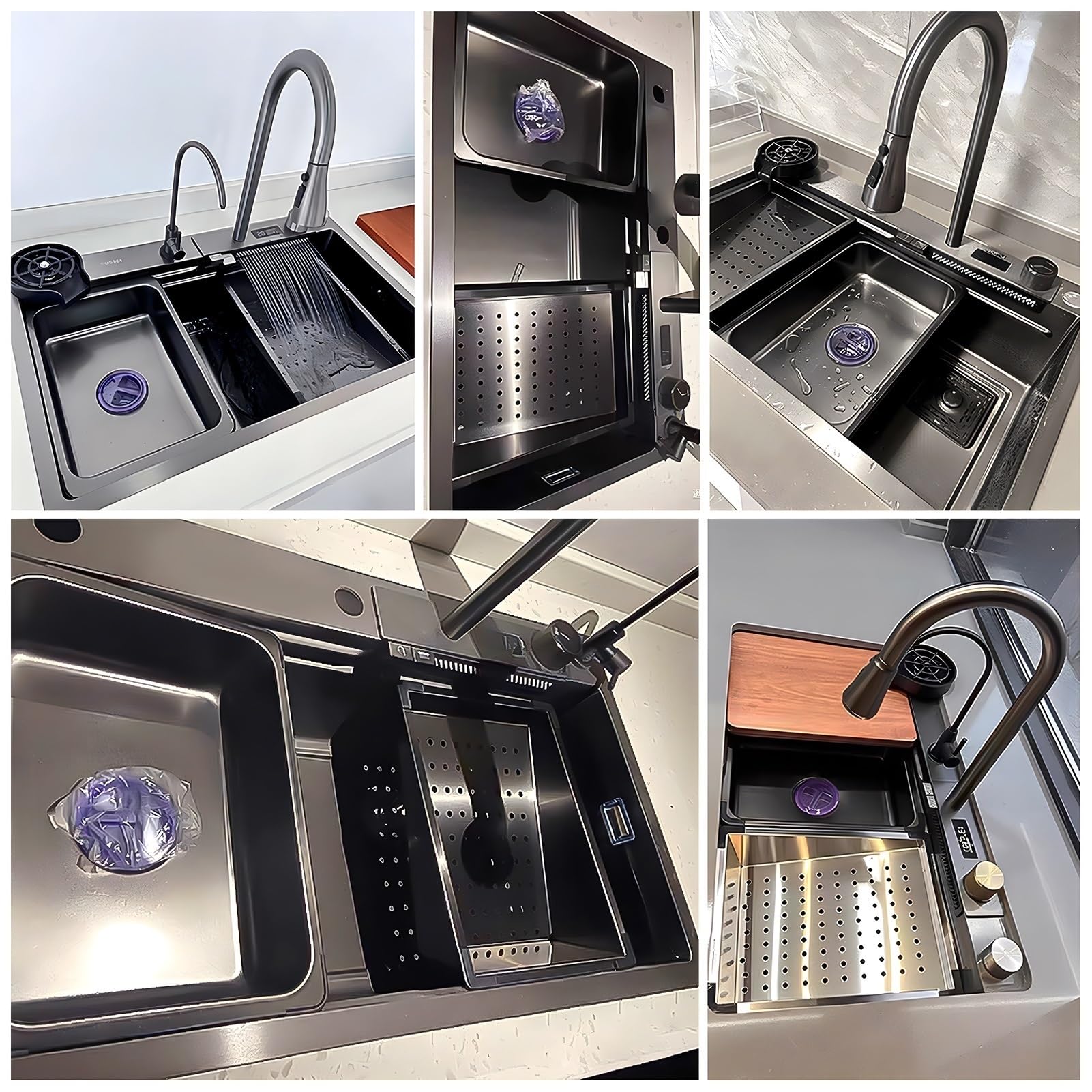 Fregadero de Cocina Grande Tipo Cascada, Fregadero Inteligente con Grifo extraíble, Kit de Lavado de Tazas y desagüe, Fregadero de Acero Inoxidable de un Solo Seno Estilo Granja pa