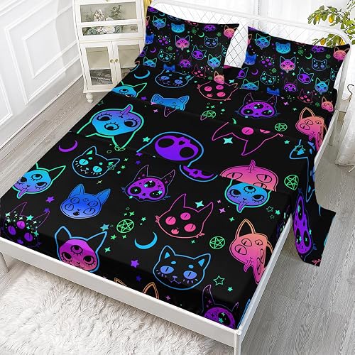 Axolotl Neon Cats Twin Cute Gradient Cat Bed Sheets, Flat & Fitted Sheet 2 Pillow Cases, Black