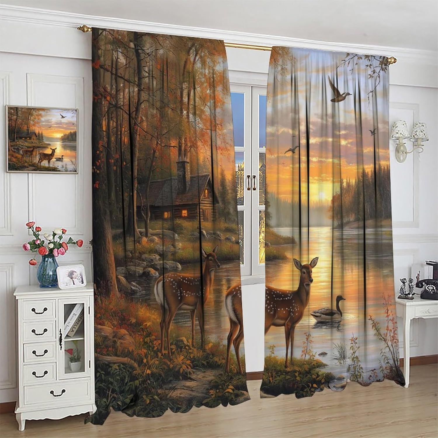 Deer Blackout Curtains, Rustic Lake Cabin Wildlife Forest Sunset Farmhouse Animal Elk Pattern Drapes Home Window Treatments Curtain for Kitchen Bedroom Living Room Decor 42" W x 63" L