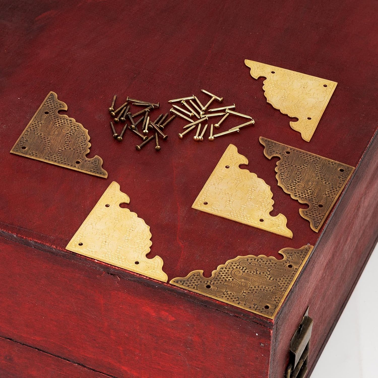 Antique Brass Decorative Box Corner Protector, 4Pcs Wooden Jewelry Gift Box Cabinet Chest Accessories Guard Edge Cover Flat Corner Brace (Gold, Auspicious Clouds) image 4