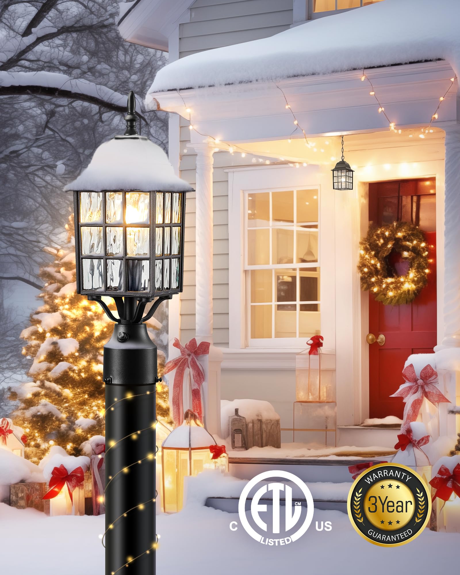 VIANIS Lamp Post Light Fixture with Mount Base, Modern Black Exterior Post Lantern Fixture with Tempered Glass, Anti-Rust Aluminum Light Posts for Outside for Driveway, Backyard Patio Garden, E26