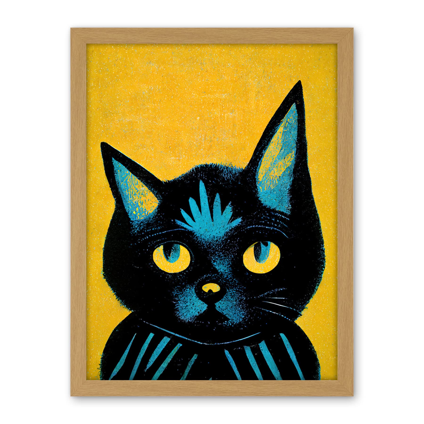 Wee Blue Coo Quirky Bold Black Cat Yellow Blue Artwork Framed Wall Art Print 18X24 Inch