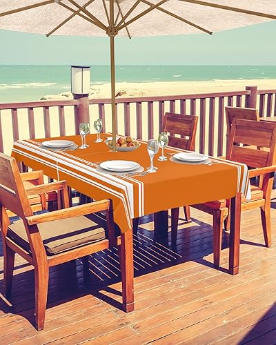 Miniatura 2 de Mantel de otoño para exteriores con agujero para paraguas, mesas rectangulares de rayas naranjas y blancas con cremallera, mantel impermeable para