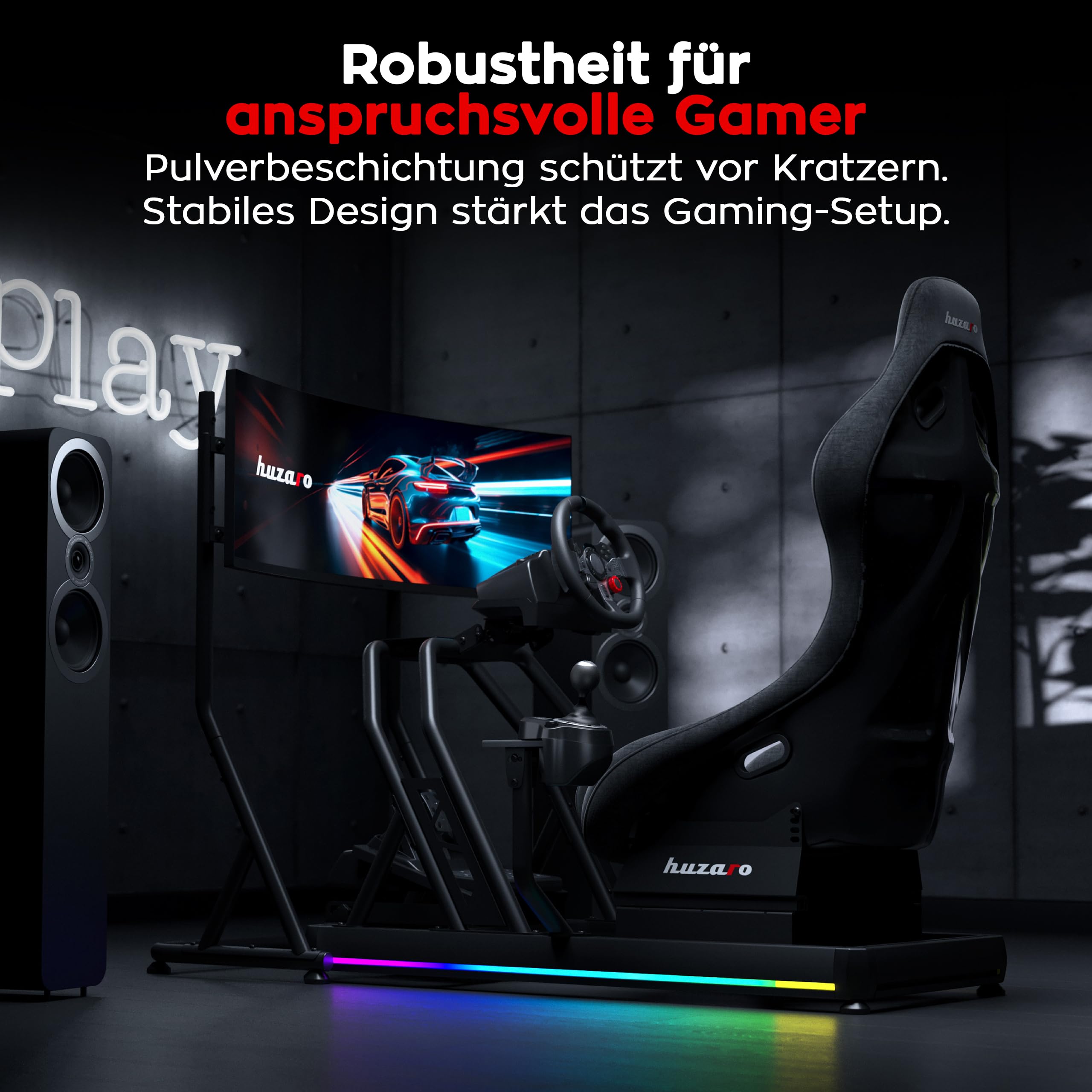 huzaro Speed 9.1 - Simracing Monitor Stand TV Stand Ständer Bodenständer - VESA 75x75, 100x100, 200x100, 200x200, 300x200, 400x200 mm - für 32 bis 55 Zoll - bis zu 50kg - Höhenverstellbar - Schwarz